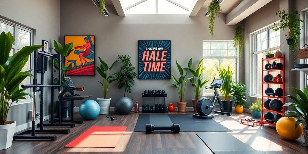 Bright home gym with fitness equipment and plants.