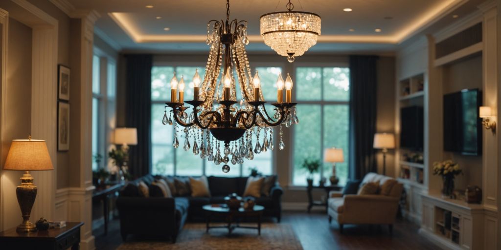 Chandelier in open floor plan living room and kitchen.