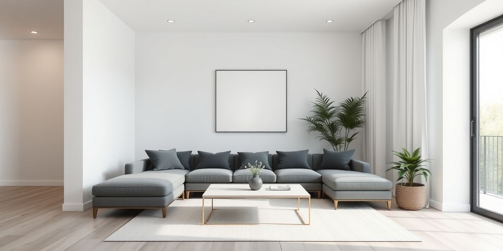 Minimalist living room with neutral colors and green plants.