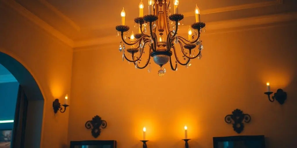 Elegant chandelier and warm wall sconces illuminate a room.