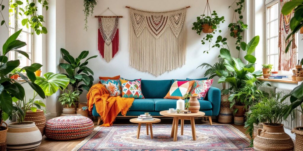 Boho living room with colorful decor and plants.