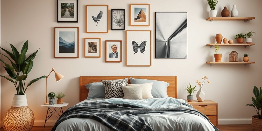 Cozy bedroom with DIY wall art and decor.