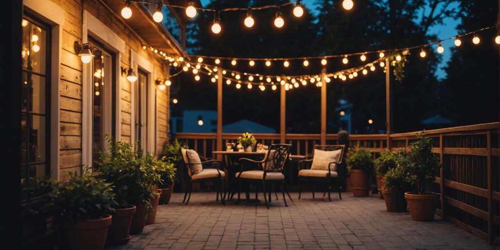 Vintage outdoor lights illuminating a cozy patio at dusk