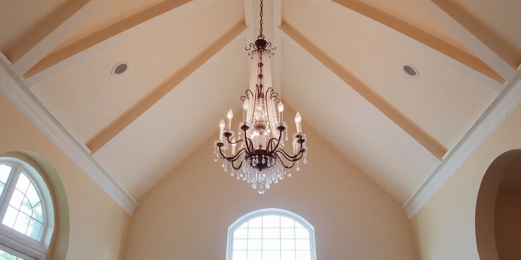 Elegant chandelier in a vaulted ceiling living room.