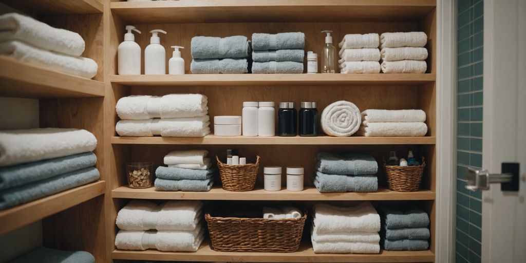 Bathroom shelves with towels and storage baskets.