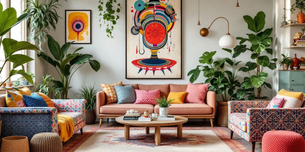 Eclectic interior design with colorful patterns and unique furniture.