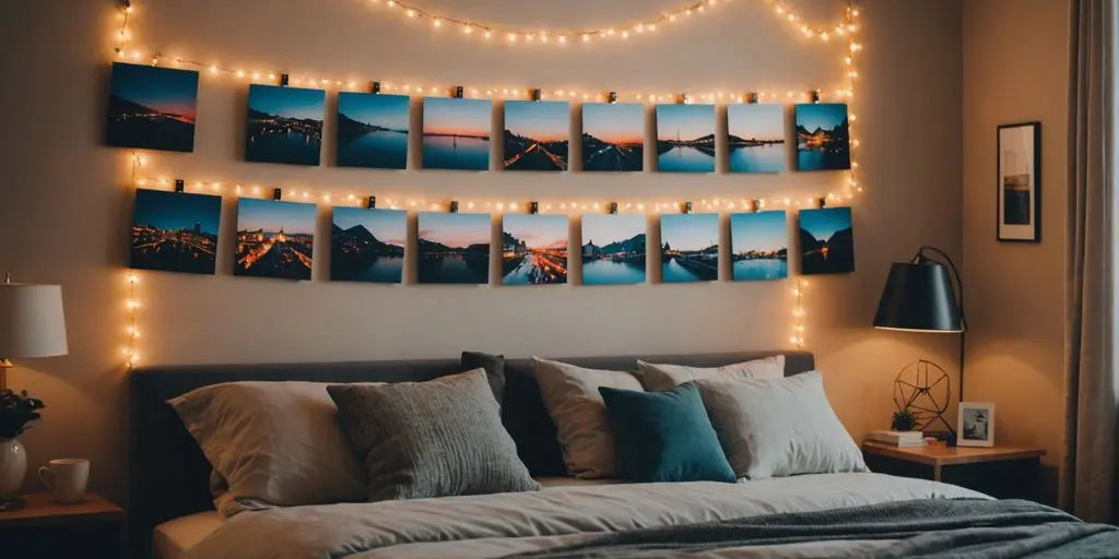 Handmade wall art in a cozy bedroom setting.