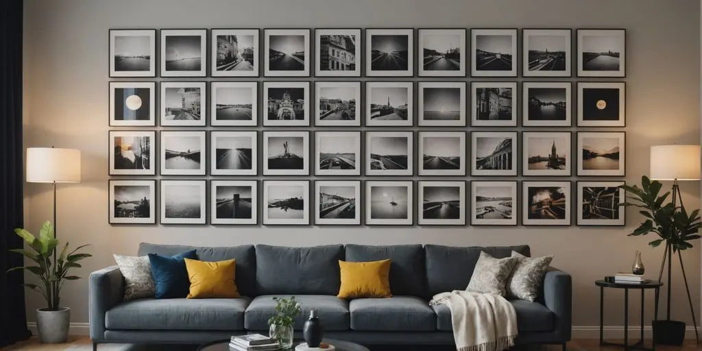 Modern living room with a stylish gallery wall.