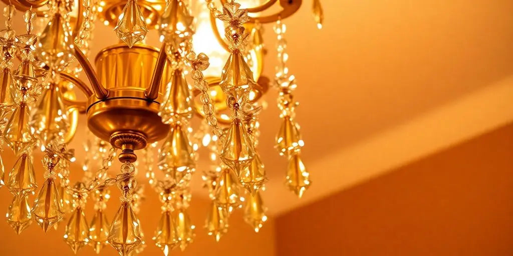 Gold crystal light fixture glowing warmly in a room.