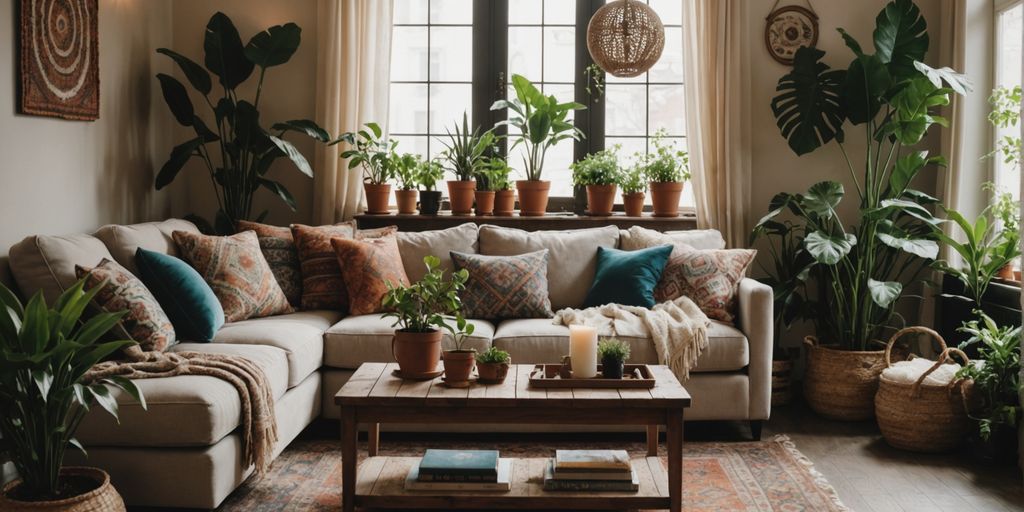 Boho living room with plants, rugs, and cushions.