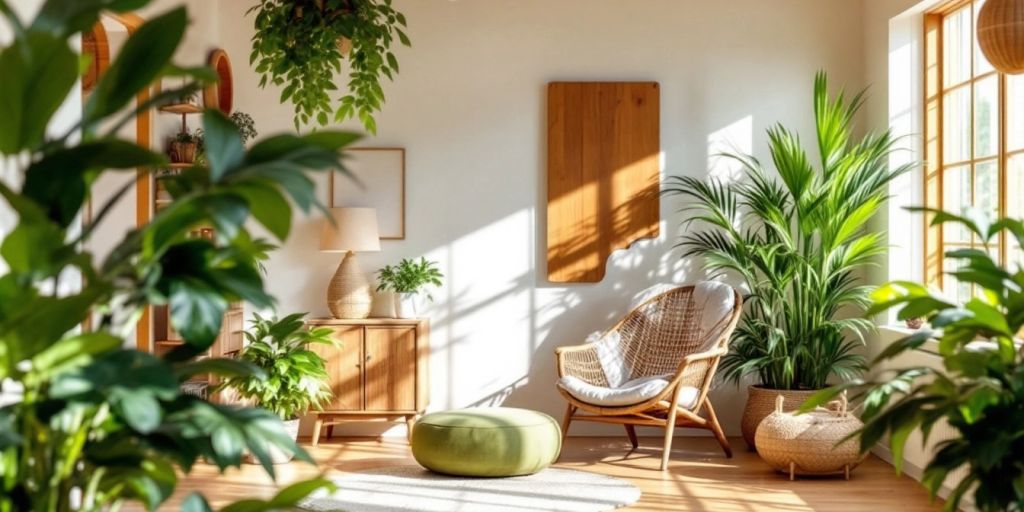 Sustainable interior design with plants and natural materials.