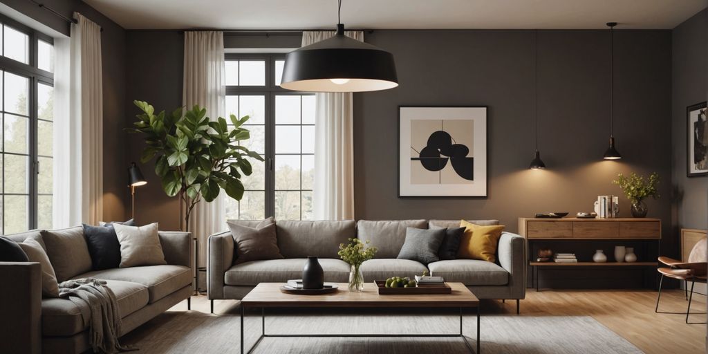 Modern pendant light in cozy living room