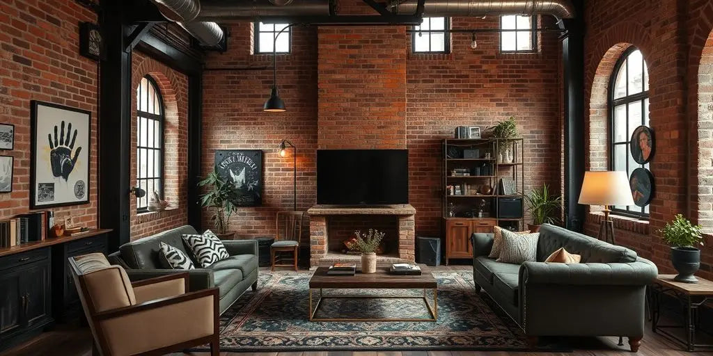 Industrial style living room with brick and metal decor.