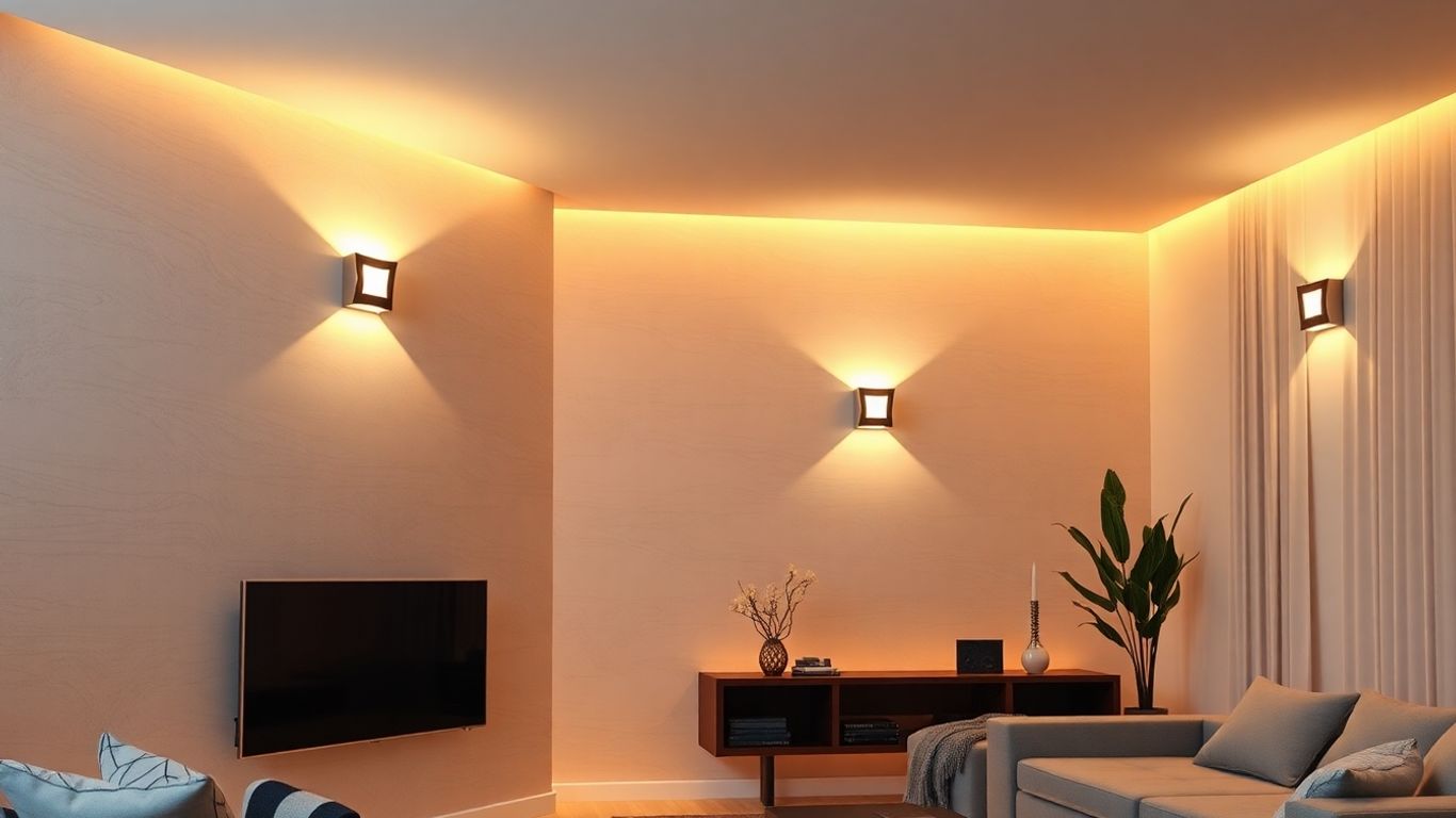 Modern living room with sleek LED wall fixtures.