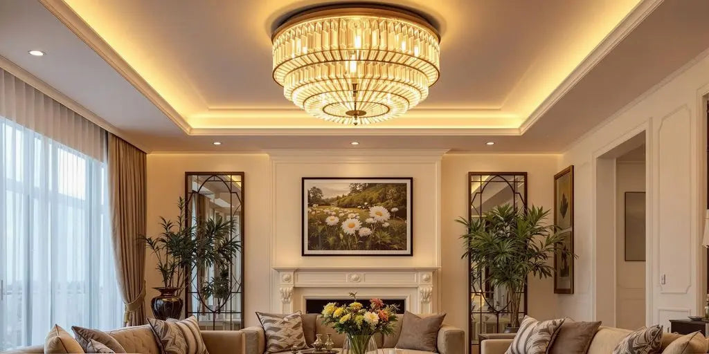 Luxurious living room with elegant ceiling lights.