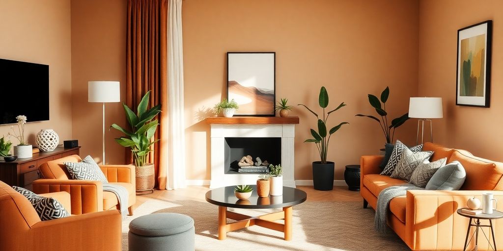 Stylish living room with modern decor and warm colours.