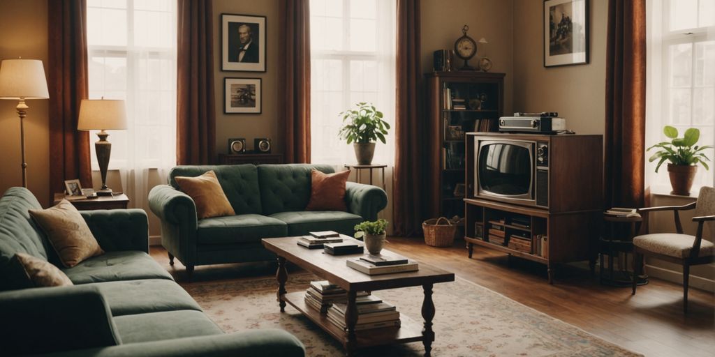 Vintage living room with retro furniture and decor items.