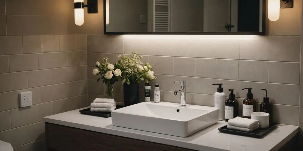 Stylish small bathroom with smart storage and modern design.