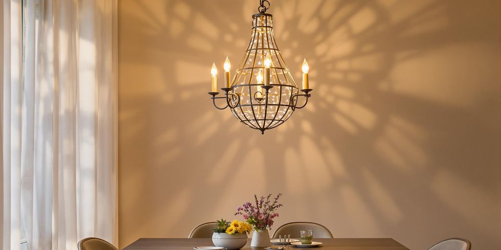 Lamp chandelier illuminating a stylish dining area.