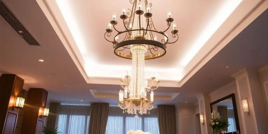 Elegant pendants and chandelier in a stylish dining area.