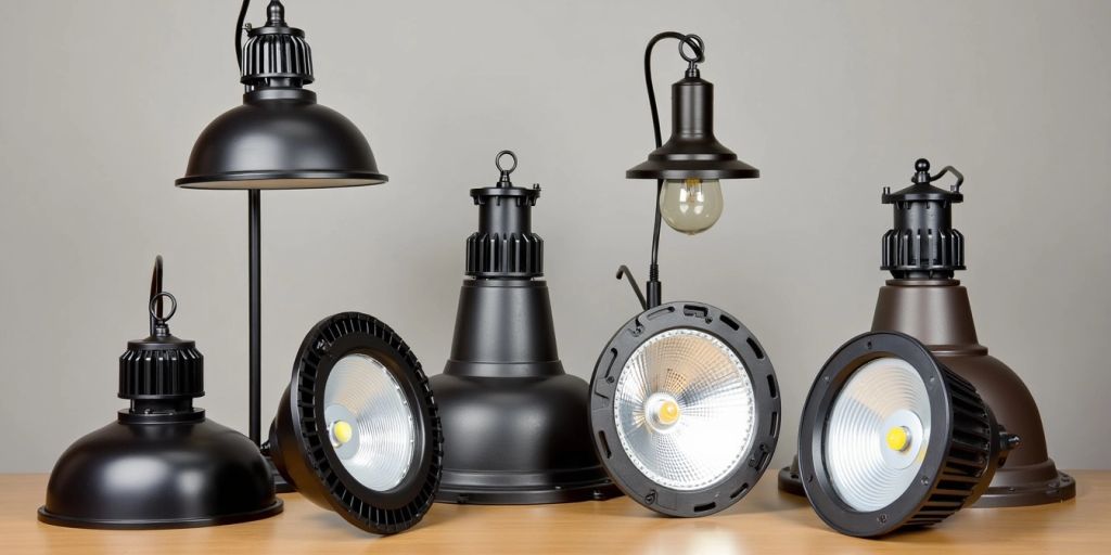 Various industrial light fittings on a wooden surface.