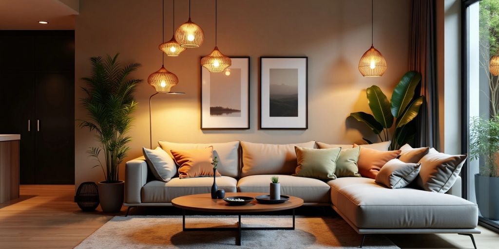 Modern living room with stylish pendant lights and decor.