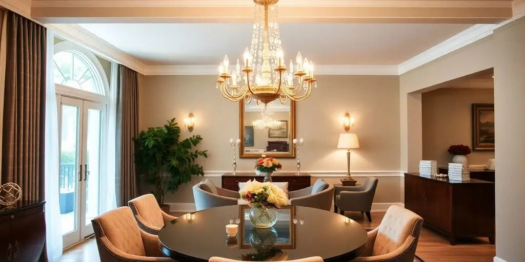 Elegant dining room with a stunning chandelier above.