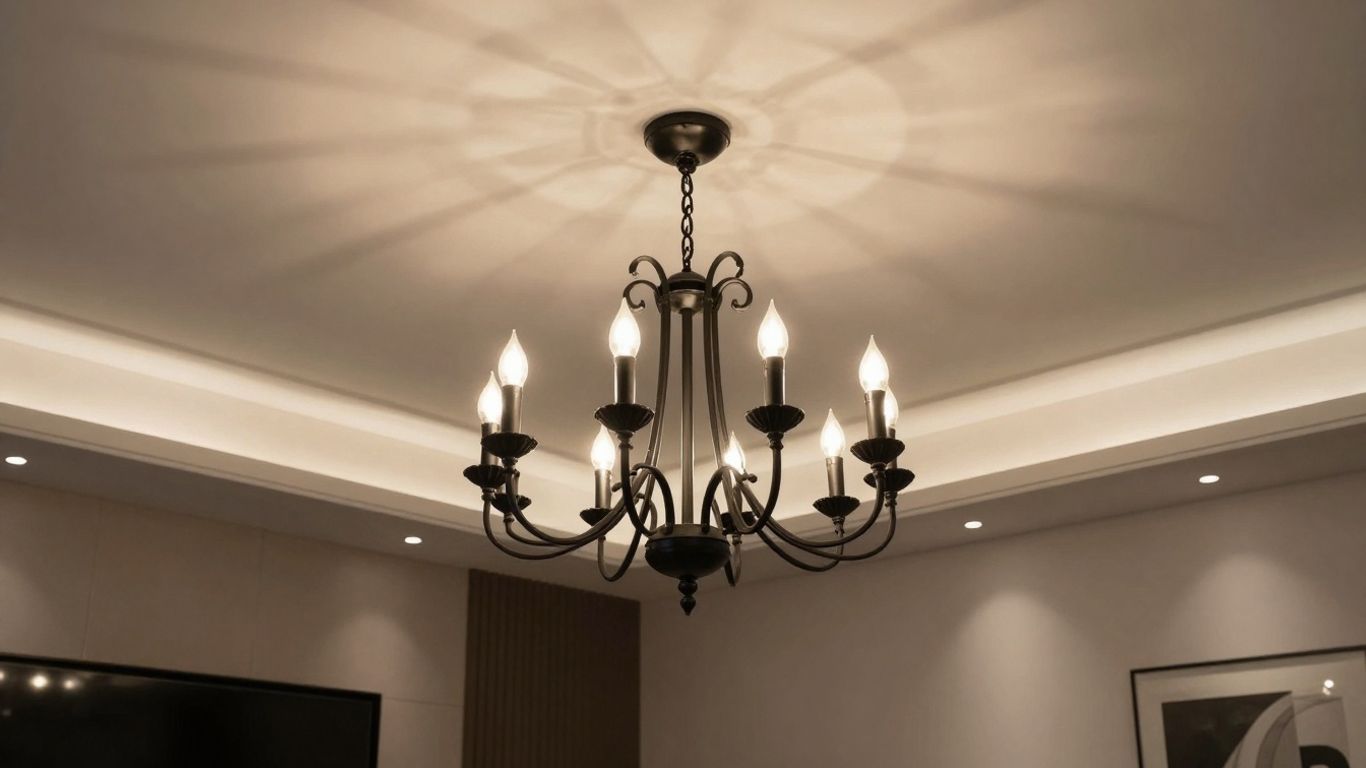 Elegant black chandelier in a modern living room.