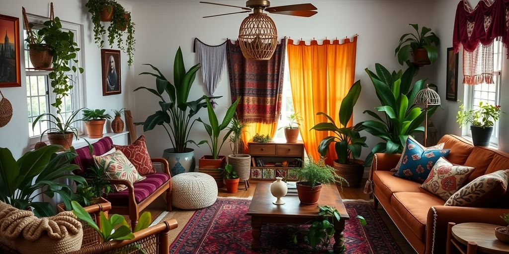 Cozy boho chic living room with vibrant decor and plants.