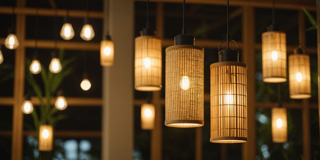 Bamboo pendant lights in natural lighting ambiance.