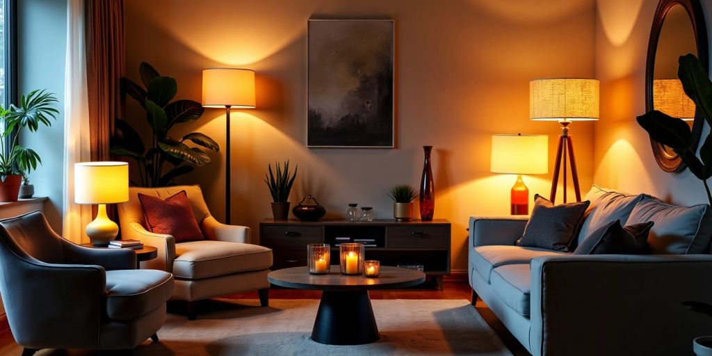 Cozy living room with stylish lamps and warm lighting.