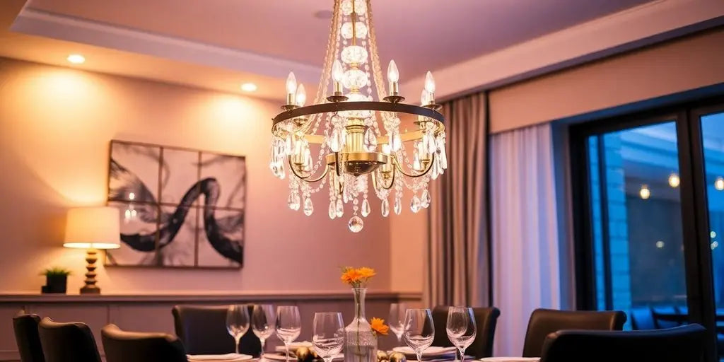 Elegant chandelier illuminating a stylish dining room.