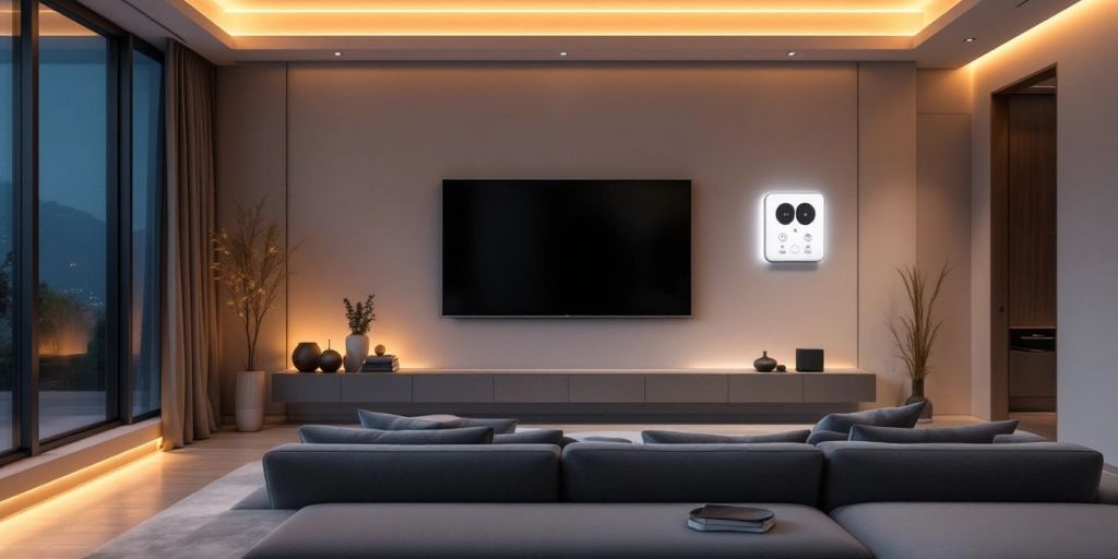 Modern living room with integrated smart home devices.