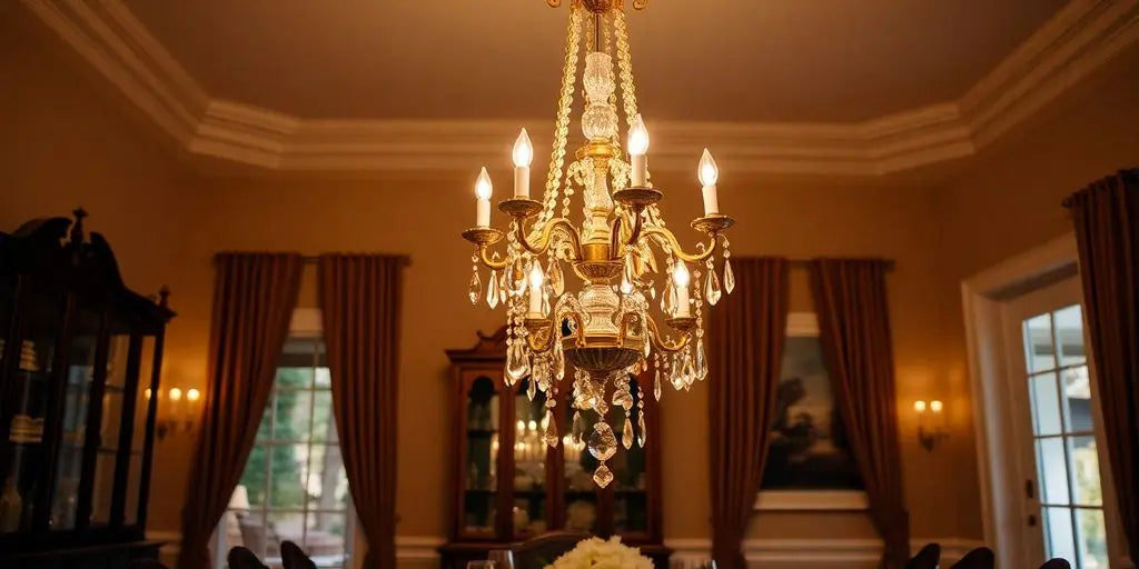 Traditional chandelier in an elegant dining room setting.