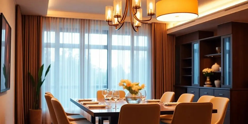 Elegant dining room with warm lighting and cozy ambiance.