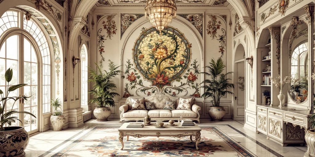 Art Nouveau interior with floral patterns and flowing lines.