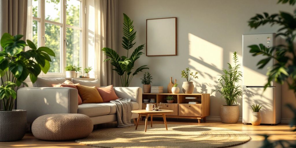 Modern living room with eco-friendly decor and natural light.