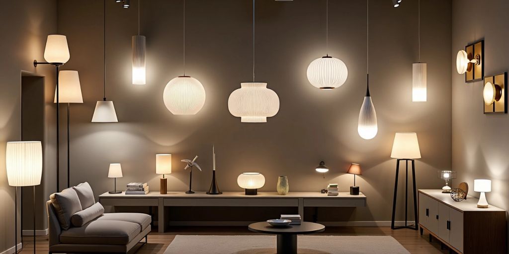 Stylish room with various light fittings displayed.