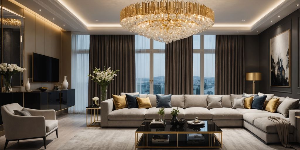 Modern living room with elegant chandeliers