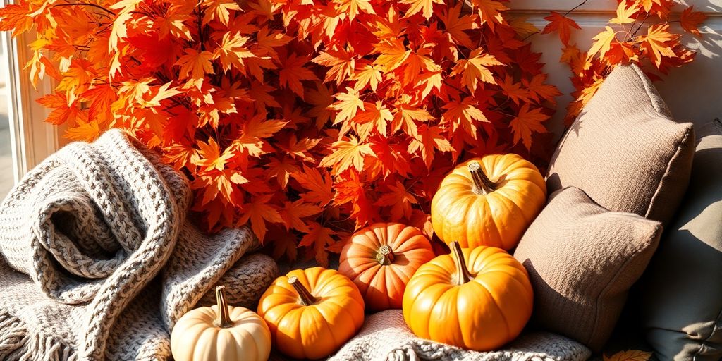 Cozy autumn decor with pumpkins and colorful leaves.