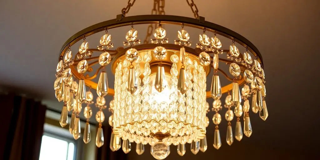 Elegant brass and crystal pendant light illuminating a room.