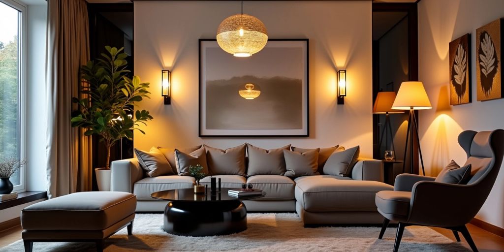 Stylish living room with elegant lighting fixtures and decor.