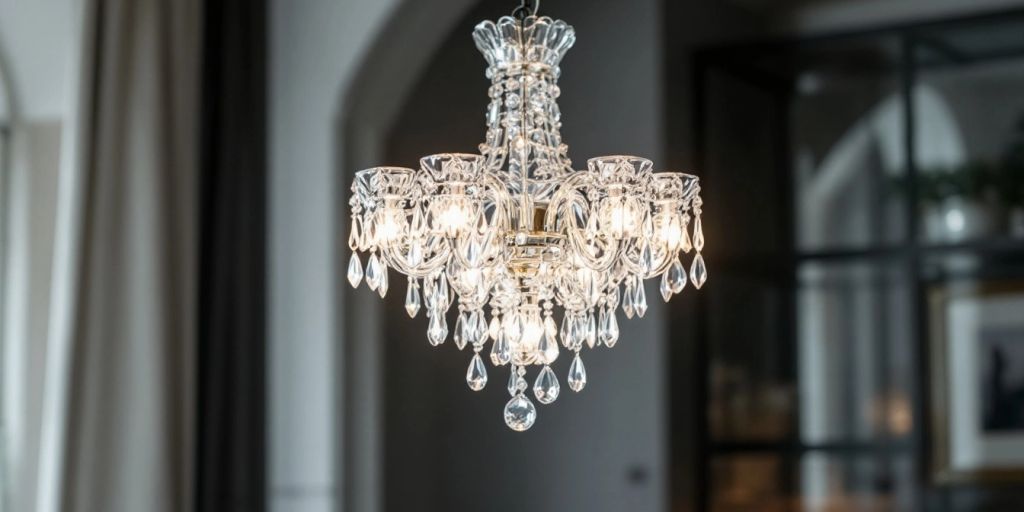 Translucent chandelier illuminating a stylish interior space.