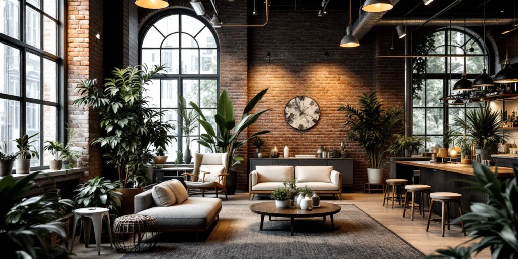 Modern industrial interior with brick walls and minimalist decor.