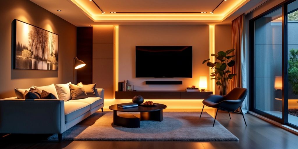 Modern living room with stylish LED lighting fixtures.