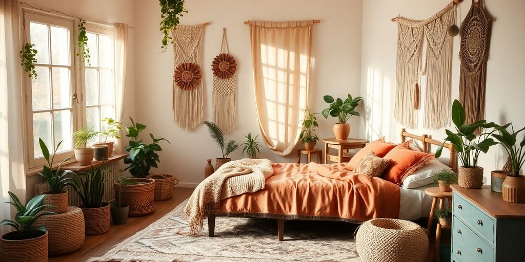 Bohemian bedroom with plants, textiles, and natural light.