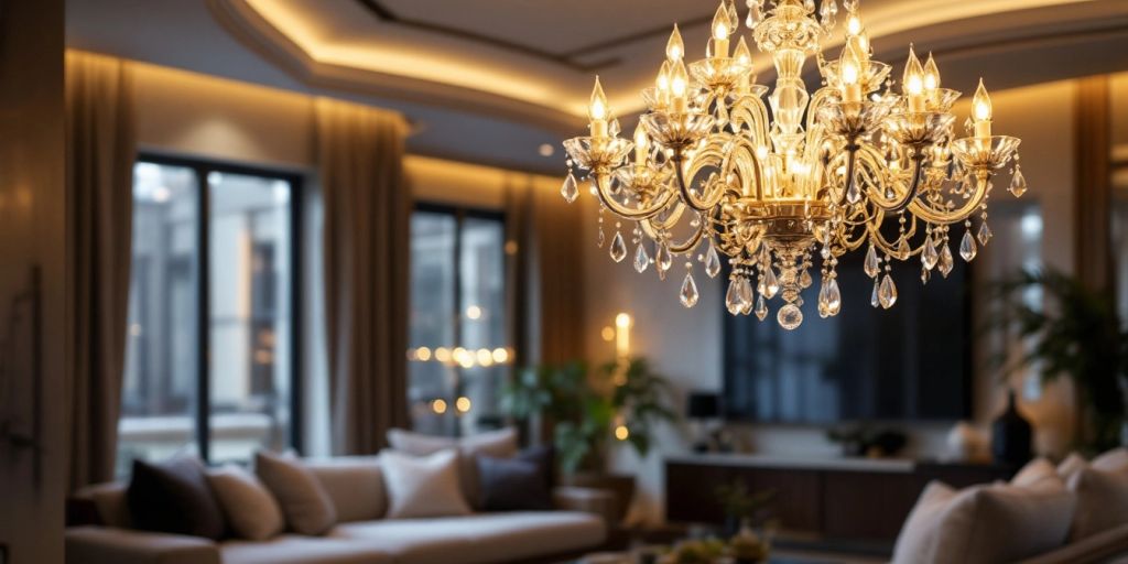 Elegant luxury chandelier in a modern living room.