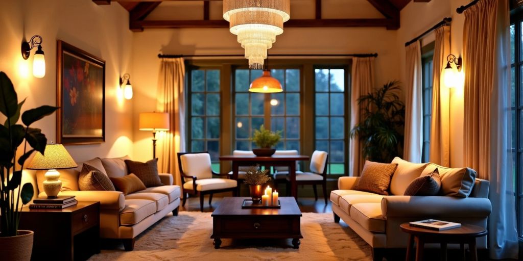 Cozy living room with warm lighting and stylish fixtures.