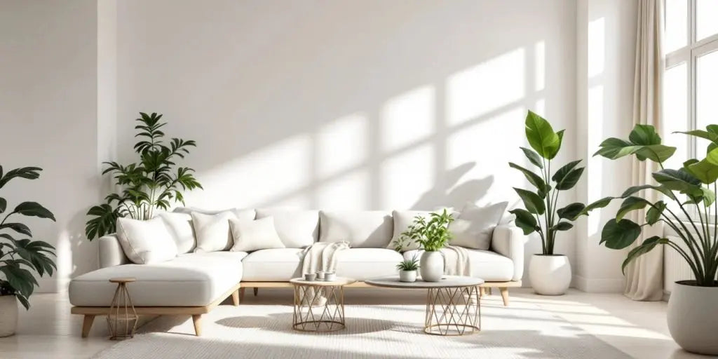 Minimalist living room with neutral colors and simple furniture.