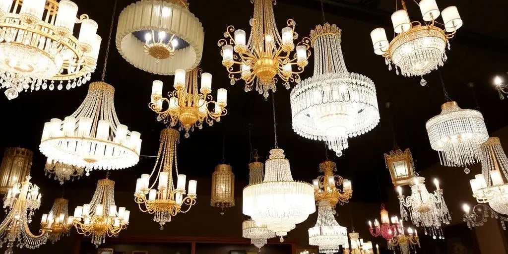 Chandeliers in various styles illuminating a stylish room.